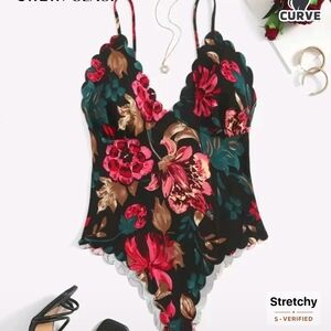 SHEIN Floral Print Bodysuit in Black and Red